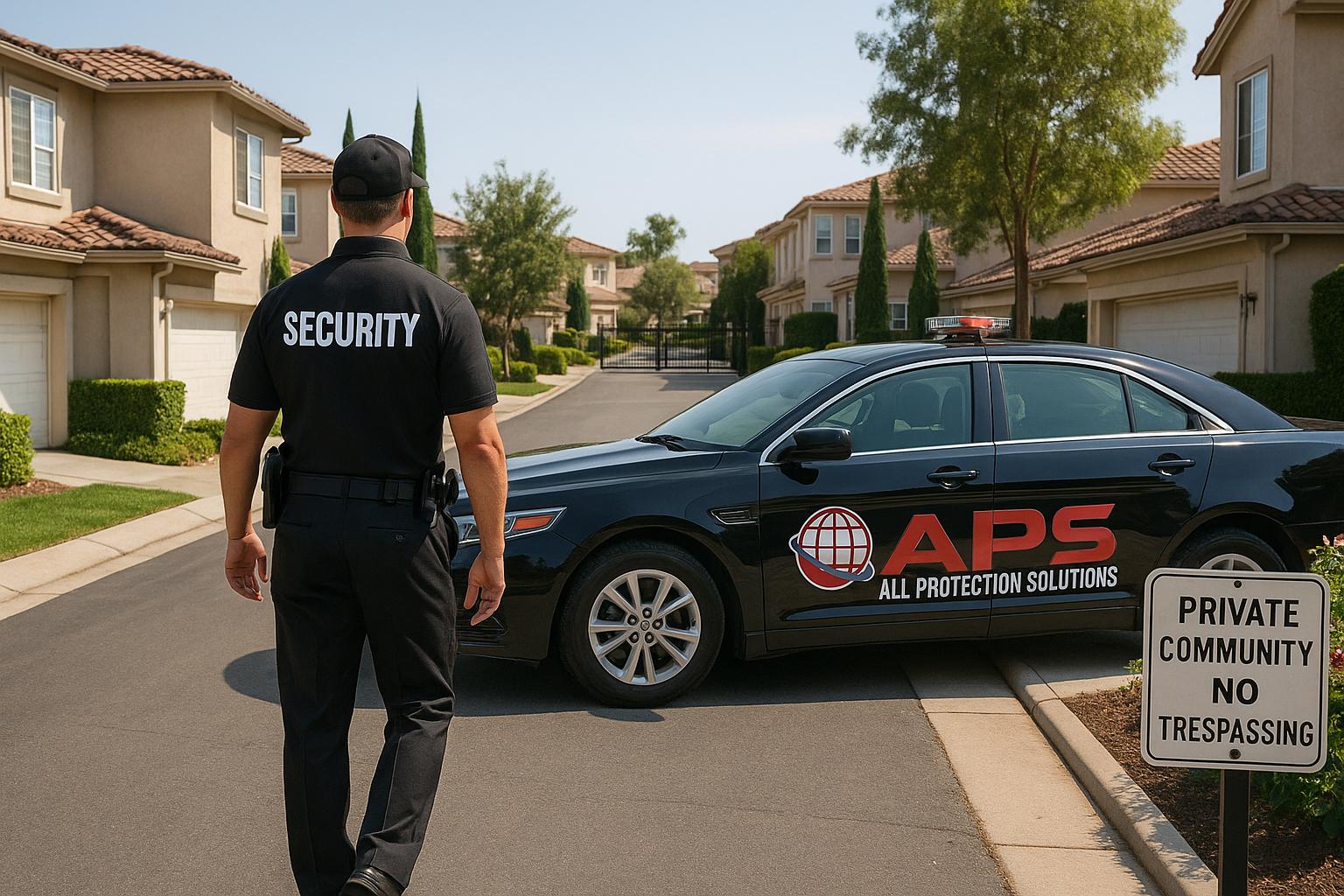 APS guard patrolling a gated HOA community with patrol car